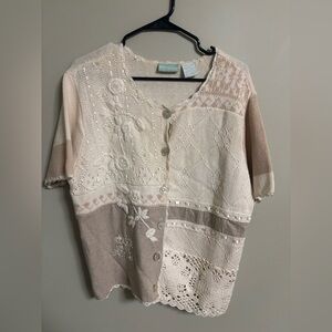 220 Hickory Size Large Cream Ivory Lace Crochet Floral Cardigan Sweater Art Boho